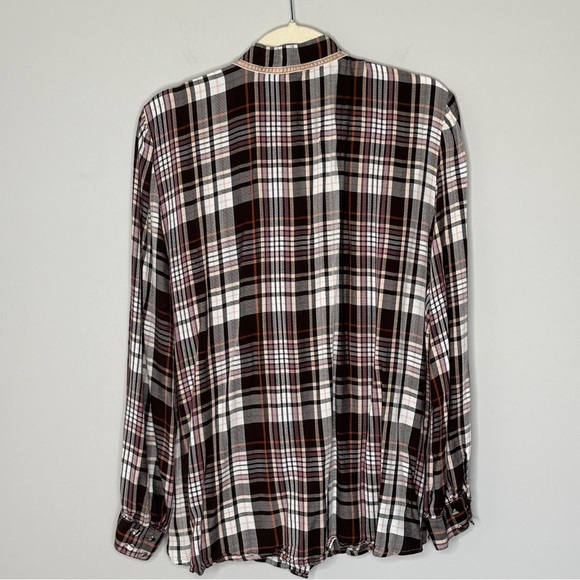 Chicos Size 4 Ruffle Front Brown Plaid Button Front Blouse Top Office Business - Picture 10 of 12